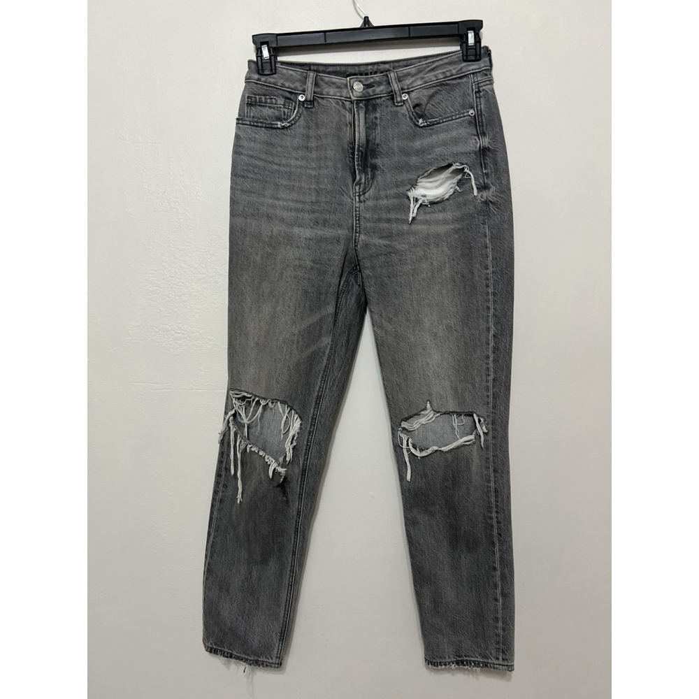 American Eagle Mom Jeans Ripped Knee Distressed Faded Black Grunge Grey 4